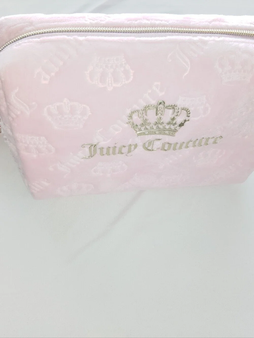 Juicy Couture Light Pink Velvet Cosmetic Pouch with Crown Logo